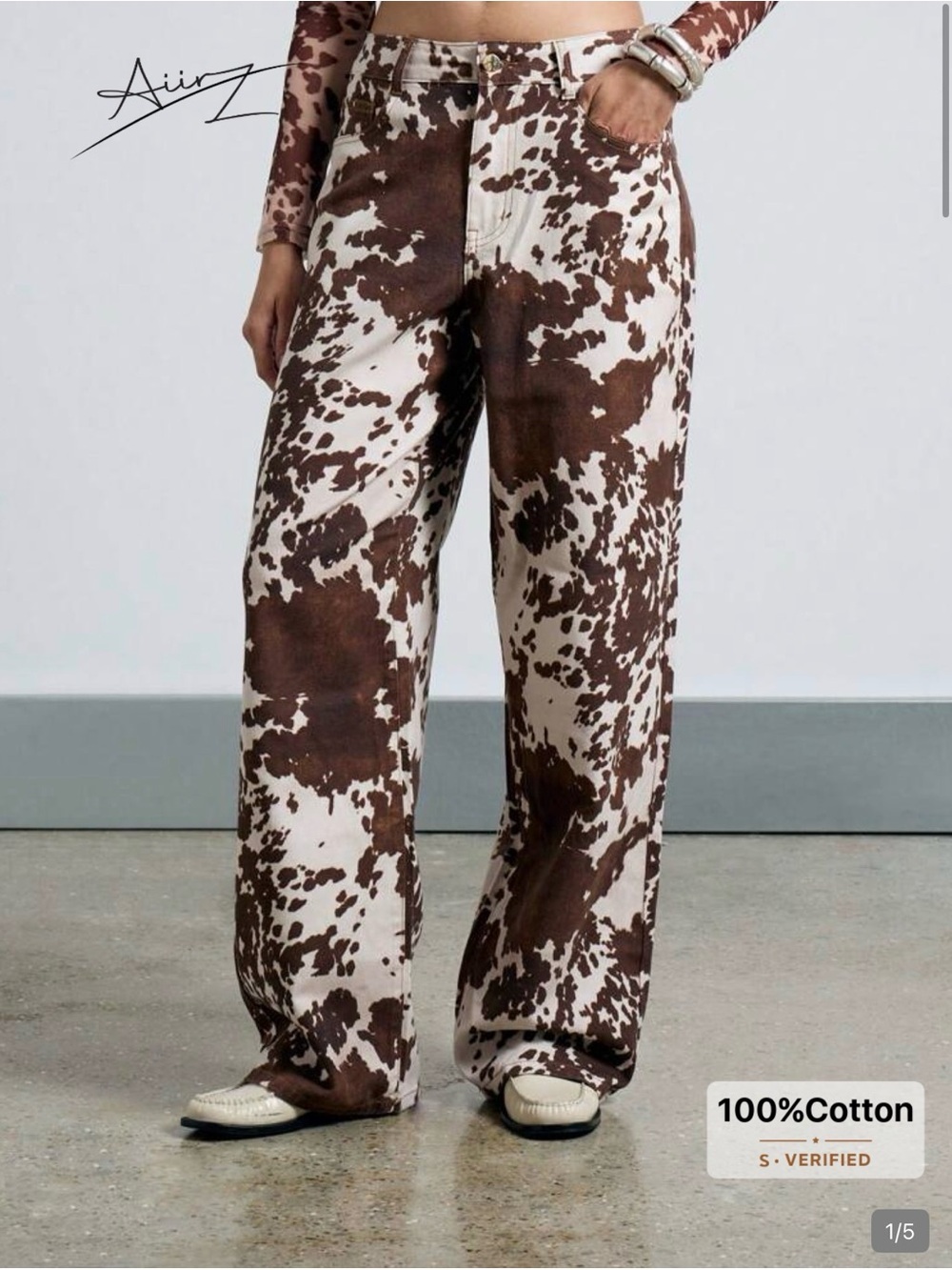 Airz Brown & Cream Cow Print Wide Leg Jeans Sz 27
